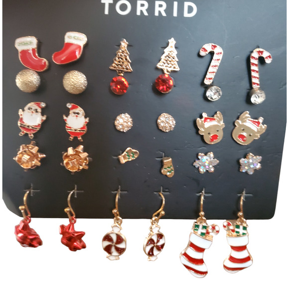 TORRID CHRISTMAS GOLD-TONE RED & WHITE HOLIDAY EARRINGS SET - SET OF 15 - Picture 1 of 8